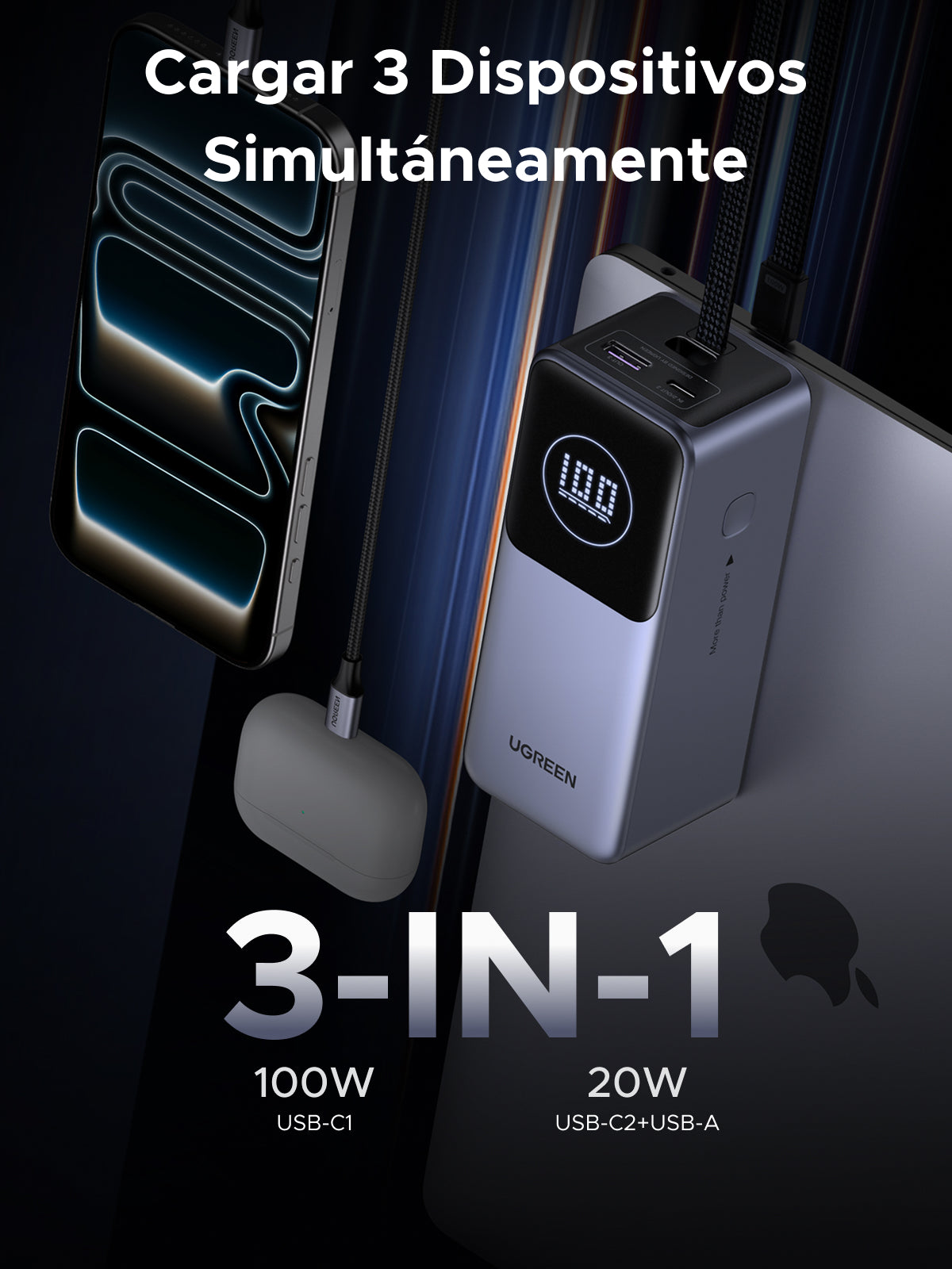 UGREEN Batería Portátil 130W con Cable Integrado PB723
